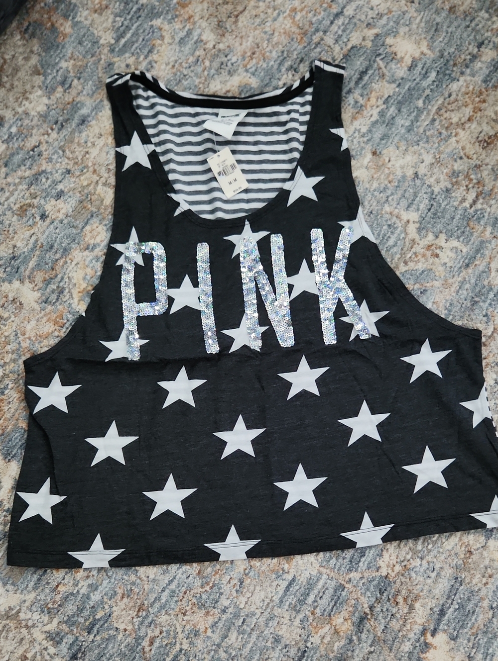 PINK Victoria's Secret Black Star Print Sequin Logo Tank